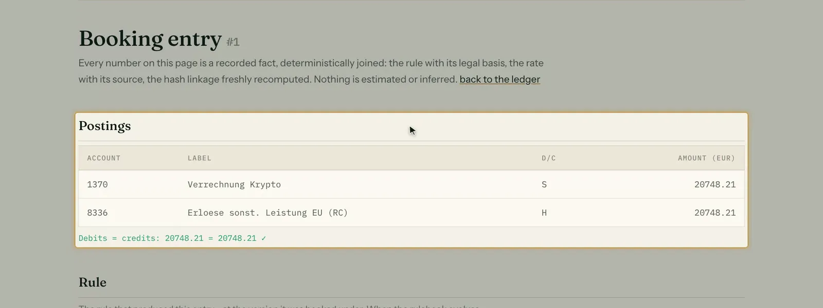Stablewerk dashboard, booking entry: debit 1370 Verrechnung Krypto, credit 8336 revenue EU reverse charge, debits equal credits